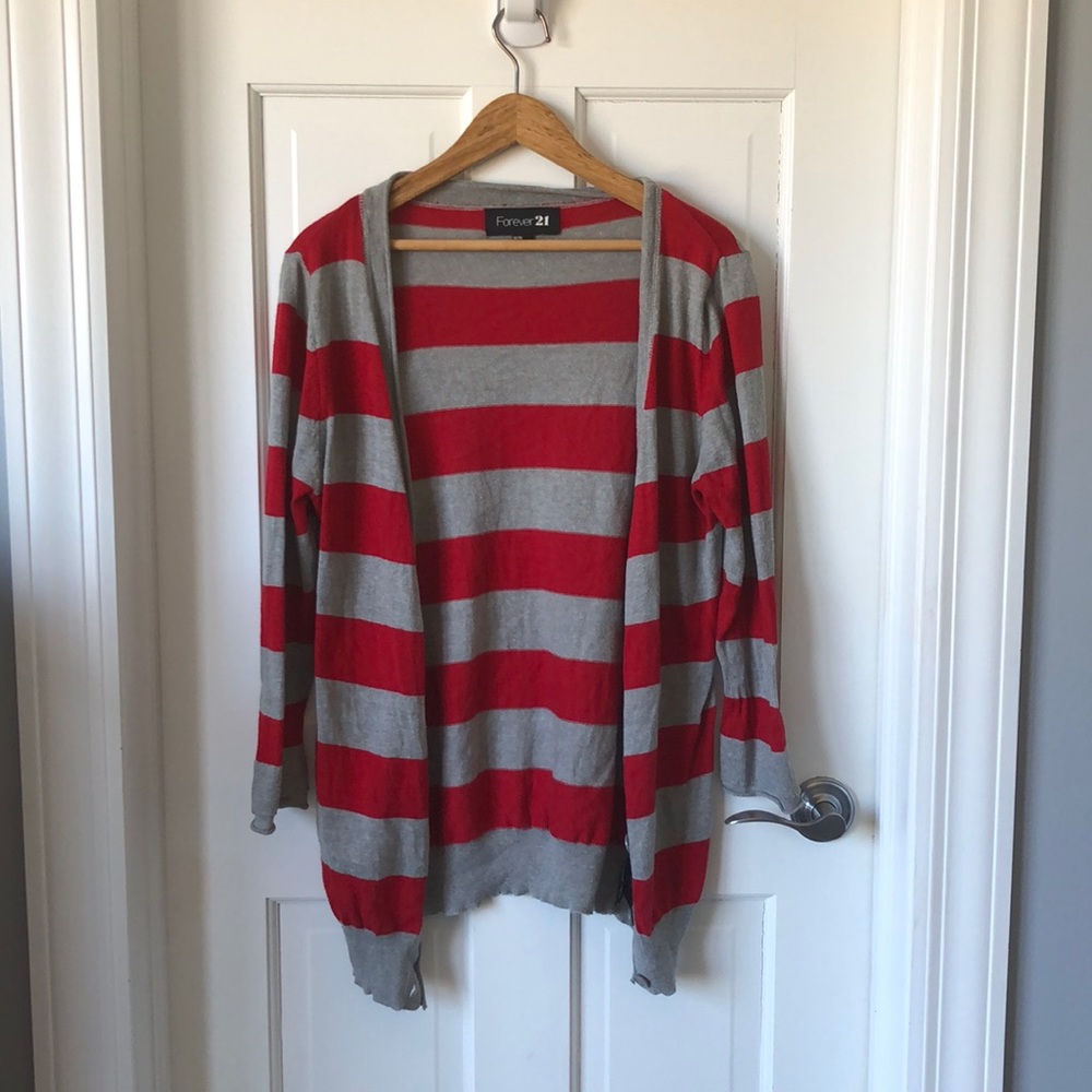 Red and gray striped cardigan